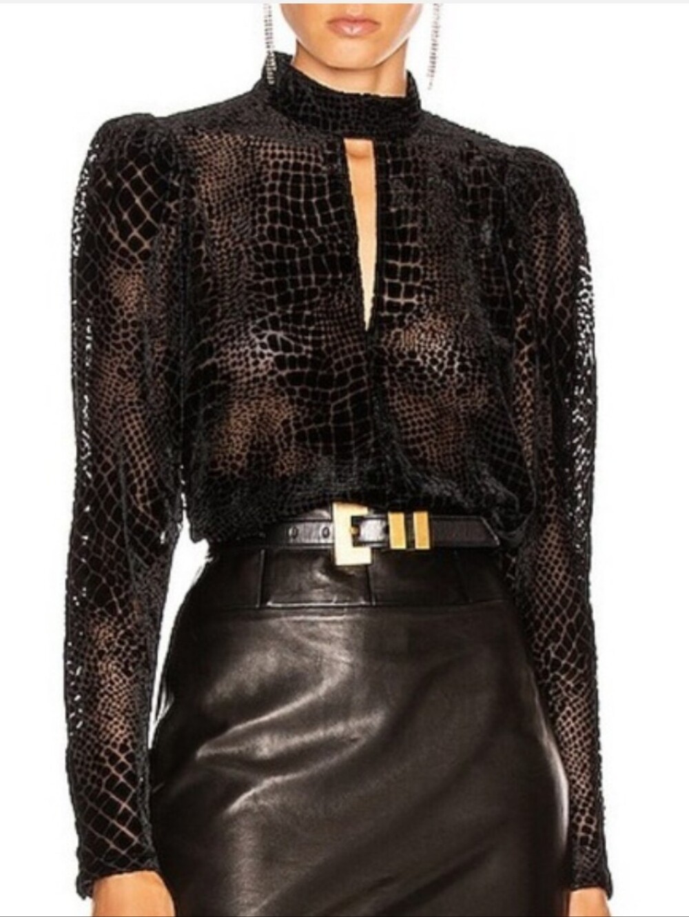 Frame Denim Black Sheer Velvet Burnout Textured Keyhole Blouse Crop High Waist S